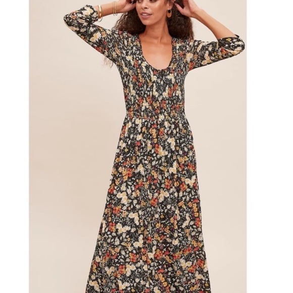 Anthropologie Maeve Omya Smocked Maxi Dress in Black & Orange Floral Print XS - Picture 3 of 12